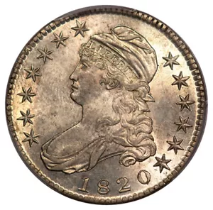 1820 O-105 50C Square 2, Large Date, Knob 2 Capped Bust Half Dollar PCGS MS62 - Picture 1 of 3