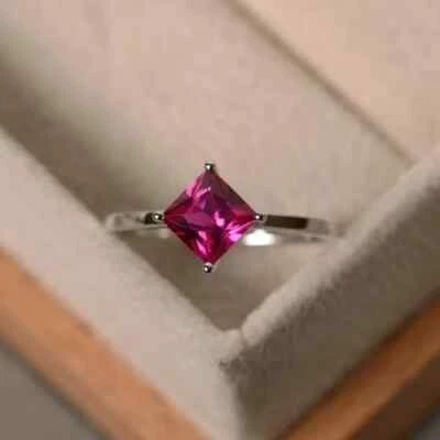 2.10 Ct princess Natural Ruby & Diamond Engagement Ring 14K real white Gold SzAL - Image 1 of 4
