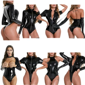 Womens Sexy Leather Bodysuit One-piece Leotard Zipper Wet Look Jumpsuit Clubwear - Picture 1 of 54