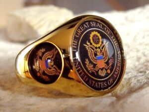 SIZE 12 USA PRESIDENTIAL SEAL CREST RING GOLD ARMY PIN PATCH BAGUE STEEL MEDAL
