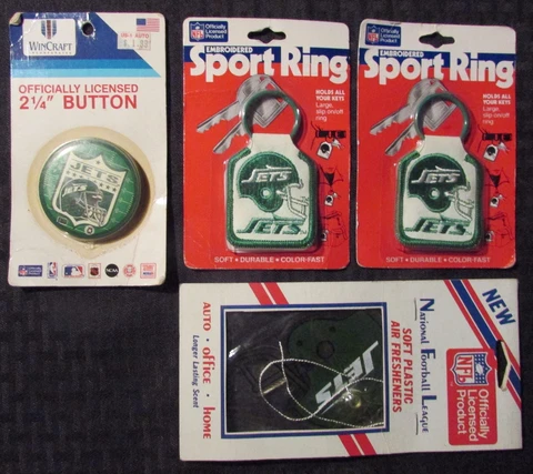 1980's NY JETS Embroidered Key Ring & 2.25" Button SEALED + Bonus Air Freshener Cover