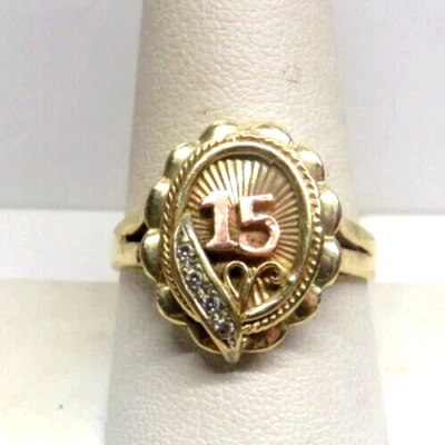 Beautiful 14K Yellow Rose GOLD 15 Años Quinceañera Ring size 9.75 birthday - Image 1 of 4