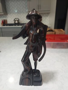 VTG 12" CHINESE CARVED WOOD STATUE FARMER? HUNTER? FIGURINE - Picture 1 of 8