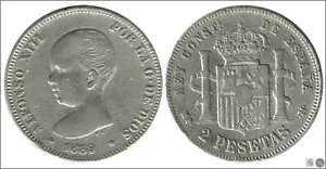 España Alfonso XIII 2 pesetas 1889 (*1* ) MPM Ag BC+ / F+ 00096 - Picture 1 of 1
