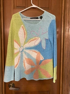Liz Claiborne Crazy Horse Lime GreenBlue Floral Embellished Y2K 90s Sweater Sz L - Picture 1 of 8