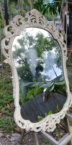 Antique WHITE  Ornate Carved Wood Framed Oval Mirror Large Wall Hanging Cover