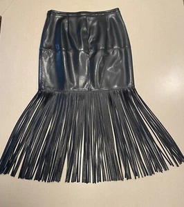 NWT Black Faux Leather Skirt Long Fringe Large Womens Size 14 Retro Style - Picture 1 of 14