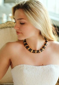 Judith Leiber 18 Kt Gold Plated CLOVER BLACK ENAMEL COLLAR Necklace - Picture 1 of 12