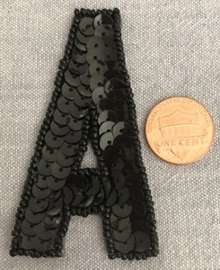 Letter A Sequin & Glass Bead Applique 2 3/4" 70mm x 1 5/8" 41mm Black - Picture 1 of 3