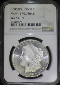 1880/9-S Morgan Silver Dollar NGC MS65+PL Prooflike Cameo Strong Mirrors VAM-11 - Picture 1 of 2