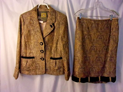 Vintage DEBBIE SHUCHAT Gold Bronze Velvet Trim Skirt Suit 14/6 Nordstroms NWT - Image 1 of 4