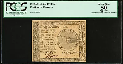 CC86 SEPTEMBER 26 1778 $60 CONTINENTAL CURRENCY PCGS AU50 FREE PRIORITY SHIPPING - Image 1 of 4
