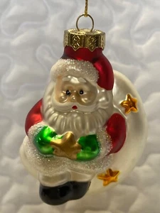 Blown Glass Ornament Santa Claus Sitting On A Cresent Moon 3.25” - Bild 1 von 2