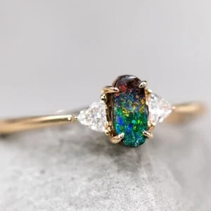 Two Colors Boulder Opal Trillion Diamond Engagement Wedding Ring 18K Gold - Picture 1 of 6