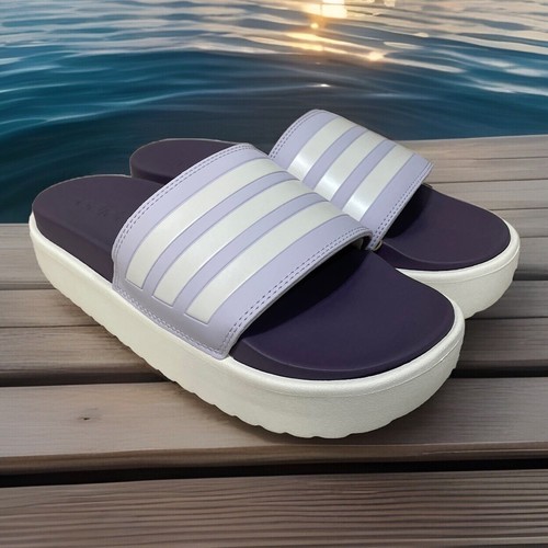 Adidas Adilette sandalo platform slides donna taglia 9 viola lavanda bianco comodo