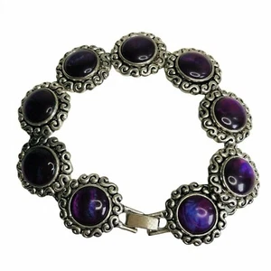 Bracelet Round Purple Cab Silver Tone Link Glass Faux Stones Box Snap Fold Clasp - Picture 1 of 12