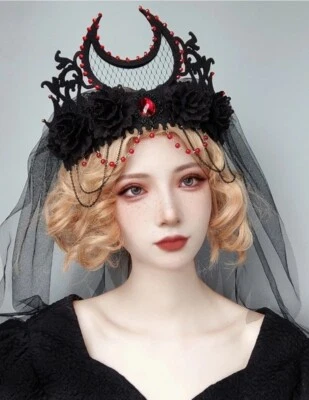 Gothic Wedding Lace Red Rhinestone Veil, Halloween, Cosplay, Masquerade, Party - Image 1 of 2