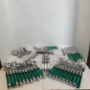 Vtg Flatware Emerald Green/Clear Lucite Plastic Handle Stainless 41 Piece Lot - Picture 1 of 12