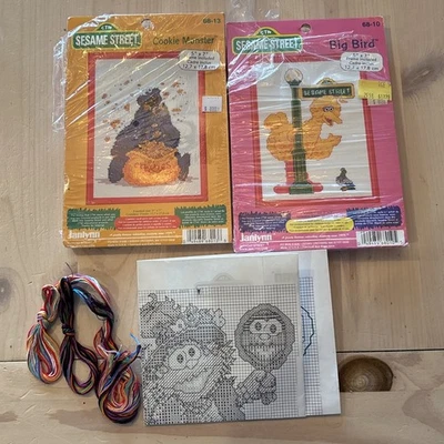 2 Vintage Big Bird & Cookie Monster Sesame Street Cross Stitch Kit Frames 5x7 I - Image 1 of 4