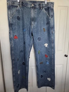 GAP Re-issue x Sean Wotherspoon Embroidered Denim Carpenter Jeans 38x32 Lt Blue - Picture 1 of 24