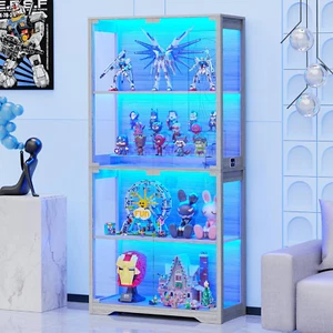 Glass Display Cabinet – 4 Tiers, LED Lights, Motion Sensor, Curio Case, Gray - Picture 1 of 11