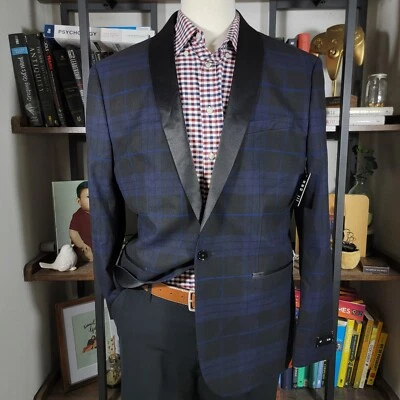 Chaqueta de cena Express para hombre botón único negra azul marino sarga a cuadros poli 44R DELGADA Foto 1 de 4