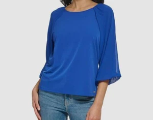 Calvin Klein Jeans Women's Blue Mixed Media Lantern Sleeve Top Size S - Picture 1 of 2