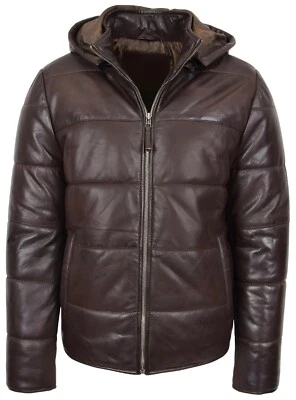 Mens Leather Puffer Jacket Detachable Hoodie Style Rory Brown - Image 1 of 4