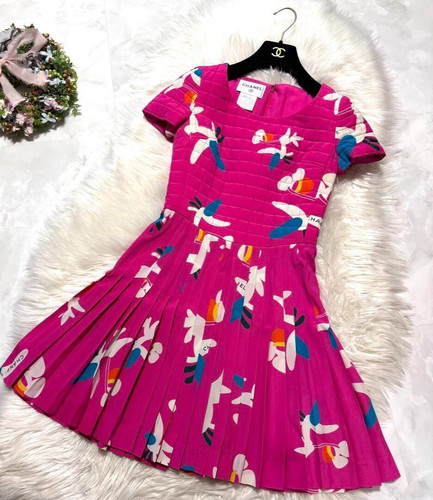 Abito CHANEL trapuntato manica corta floreale rosa multicolore taglia 34 seta vintage