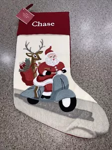 Rare Pottery Barn CREWEL Santa on Motorcycle CHRISTMAS STOCKING Monogrammed - Picture 1 of 6