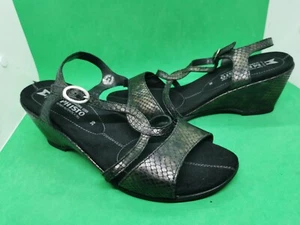 Mephisto Black Snake Print Leather Ankle Strap Open Toe Wedge Sandals US 8 EU 39 - Picture 1 of 22