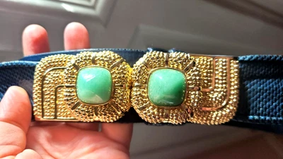 Cinturón de cuero azul ajustable vintage Judith Leiber piel de serpiente hebilla dorada Foto 1 de 4
