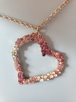 Betsey Johnson  Rose Gold Tone Pink & Clear Stone Open Off Set Heart Necklace - Image 1 of 4