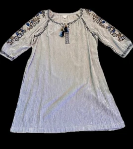 J JILL Ocean Breeze Embroidered 3/4 Sleeve Tassel Blue Shift Dress Size Large - Picture 1 of 11