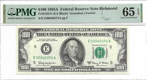 1963A $100 RICHMOND FRN. PMG Gem Uncirculated 65 EPQ Banknote. - Picture 1 of 2