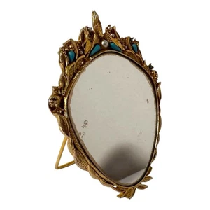 Espejo tocador vintage Mirella ovalado tono dorado soporte con piedras turquesa LEER - Imagen 1 de 11