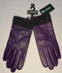 NUEVO CON ETIQUETAS Guantes Lauren Ralph Lauren Para Mujer Púrpura 100% Cuero con Borde de Cuentas-Pequeños - Imagen 1 de 4