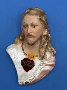 Vintage Herz Jesus Gips Kreidegeschirr hängend Wandrelief katholisch - Bild 1 von 16