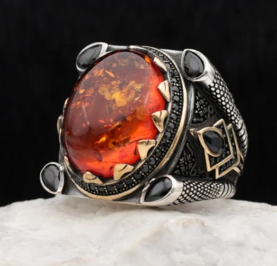 Anillo ámbar naranja joyería turco hecho a mano plata de ley 925 anillo para hombre 02 Foto 1 de 4