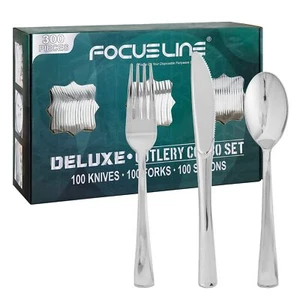 300 Pack Silver Plastic Cutlery Set - 100 Forks 100 Knives 100 Spoons - Dispo... - Picture 1 of 7