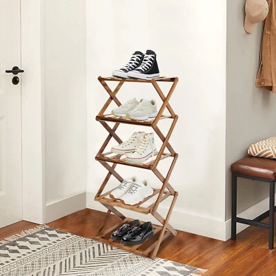 5 Tier Foldable Bamboo Shoe Rack Collapsible Shoe Storage Box - Image 1 of 4