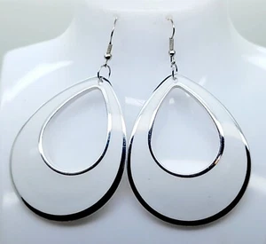 chunky simple style white Plastic Teardrop dangle Hoop fashion Earrings #1 - Picture 1 of 3