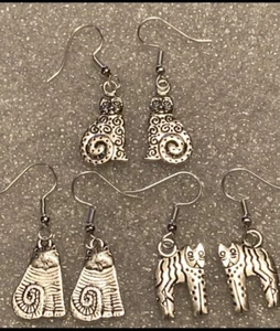 Juego de 3 pendientes Laurel Burch tono plata remolino rayas Shambala gato gatito - Imagen 1 de 5