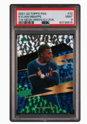 2021 Topps Paris Saint-Germain T/S Neon Green Icy Foil 098/199 Kylian Mbappe PSA - Image 1 of 2