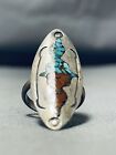 DETAILED VINTAGE NAVAJO TURQUOISE CORAL INLAY STERLING SILVER RING OLD