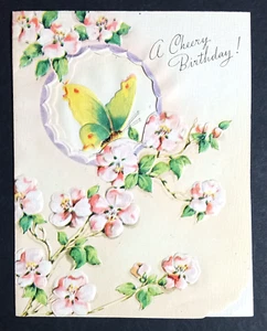 A Cheery Birthday Greeting Card c1950s Unused NOS Butterfly Cherry Blossoms - Picture 1 of 3
