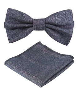 Mens Boys Matching Check Tweed Dickie Bow Tie & Pocket Square Set in Grey - Picture 1 of 10