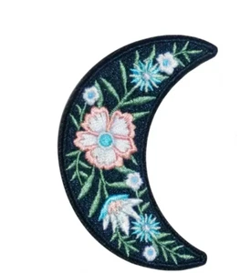 Floral Crescent Moon Iron-On or Sew Embroidery Patch 1.9" x 2.6" - Picture 1 of 2