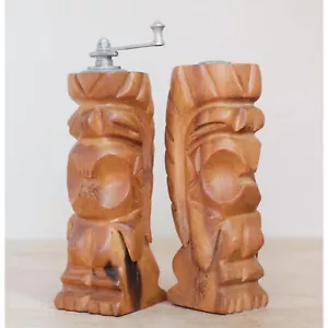 Mid Century Tiki Salz & Pfeffermühle / Rarität 60er Jahre Ära Vintage geschnitzt Holz Set - Bild 1 von 10