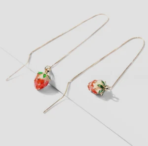 Titanium Gold Green Leaf Red Strawberry Tassel Long Chain Thread Dangle Earrings - Picture 1 of 1